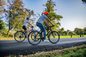 Zwei Personen fahren bei sonnigem Wetter Fahrrad